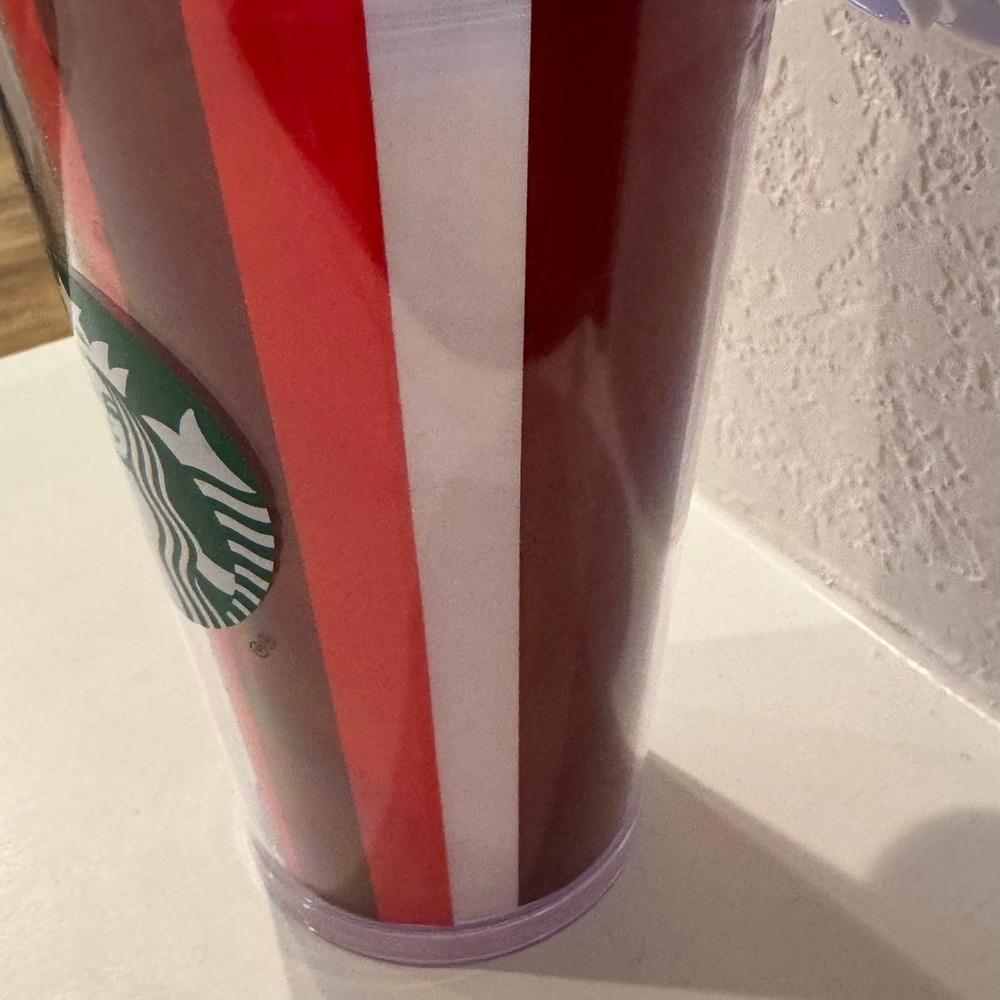 Starbucks Tumbler Cup Red White Brown Glitter Stripe Reusable Travel Mug Lid - Picture 4 of 11